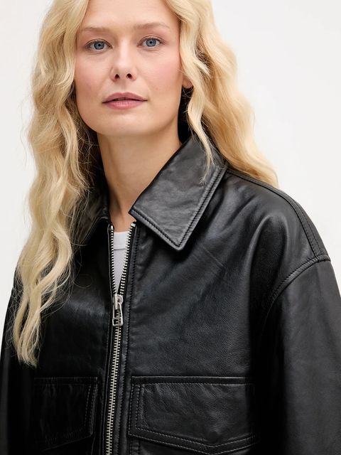 Marc O'Polo kurtka skórzana kolor czarny przejściowa oversize 5000007965