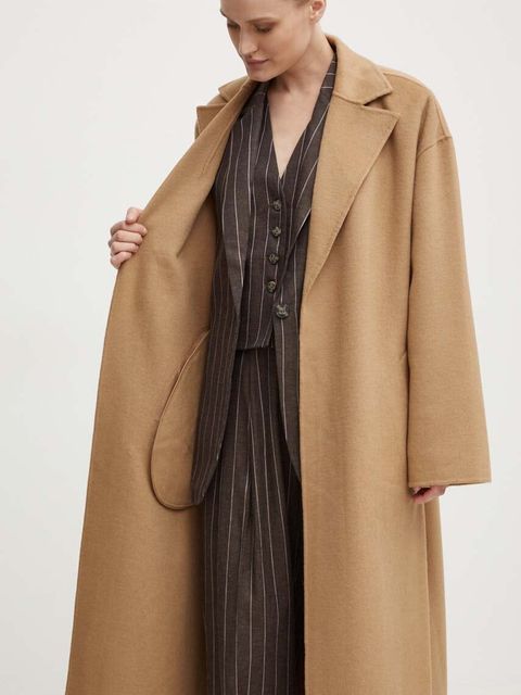 Day Birger et Mikkelsen płaszcz wełniany Wright - Double Faced Wool kolor beżowy przejściowy niezapinany DAY65243322