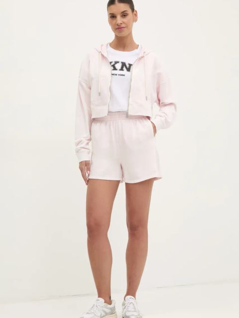 Dkny szorty bawełniane damskie kolor różowy gładkie high waist DP5S5243