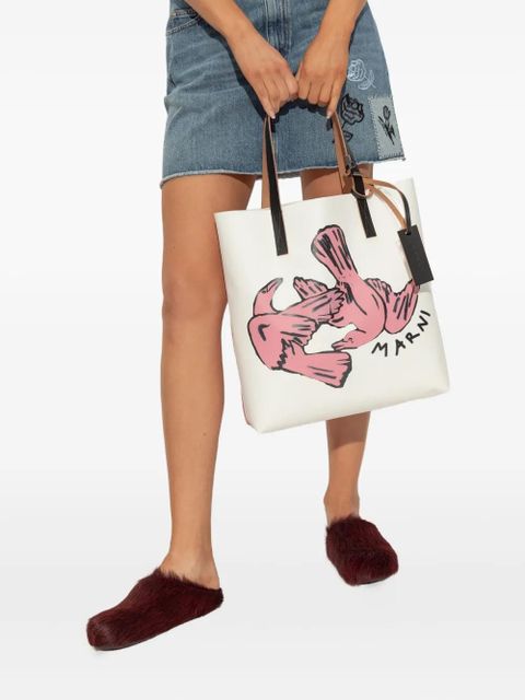 Marni bird-print leather tote bag - Pink