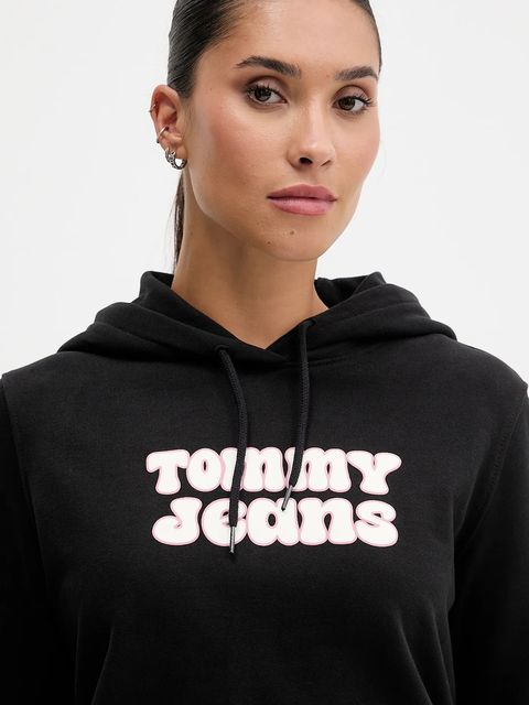 Tommy Jeans bluza bawełniana damska kolor czarny z kapturem z nadrukiem DW0DW21962