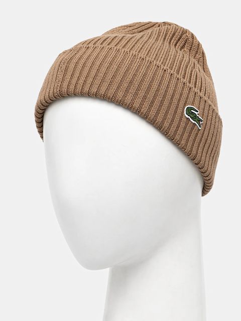 Lacoste czapka wełniana kolor brązowy z cienkiej dzianiny wełniana RB0001