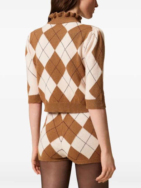 TWINSET diamond-pattern ruffled-neck sweater - Brown
