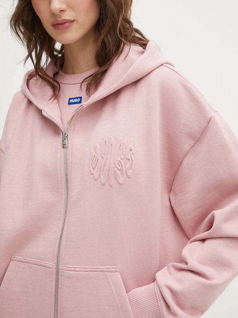 Hugo Blue bluza bawełniana damska kolor różowy z kapturem z aplikacją 50553980