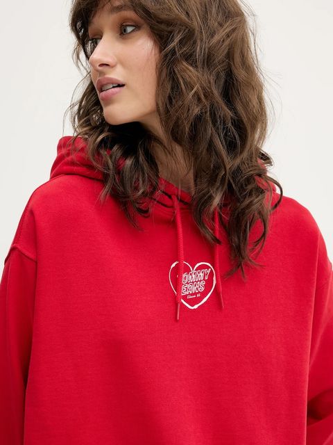 Tommy Jeans bluza bawełniana damska kolor czerwony z kapturem z nadrukiem DW0DW21408