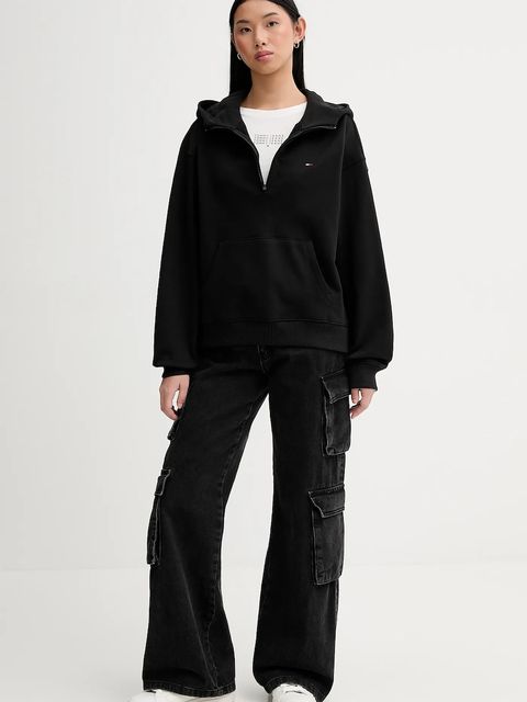 Tommy Jeans bluza bawełniana damska kolor czarny z kapturem gładka DW0DW21924 - zdjęcie produktu nr 2