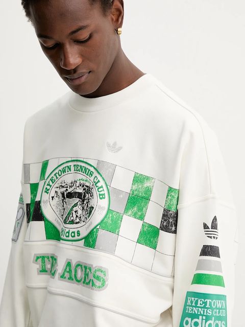 adidas Originals bluza bawełniana Court Crew damska kolor biały z kapturem wzorzysta JW0149