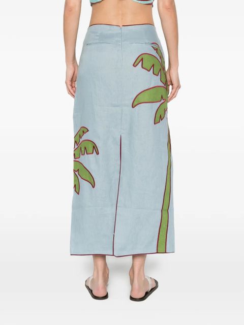 FARM Rio embroidered palm-tree midi skirt - Blue