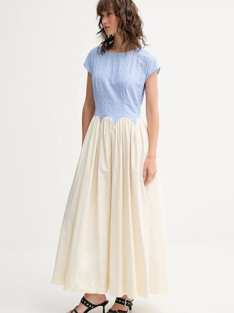 Never Fully Dressed sukienka bawełniana Monika kolor niebieski maxi rozkloszowana NFDDR2806