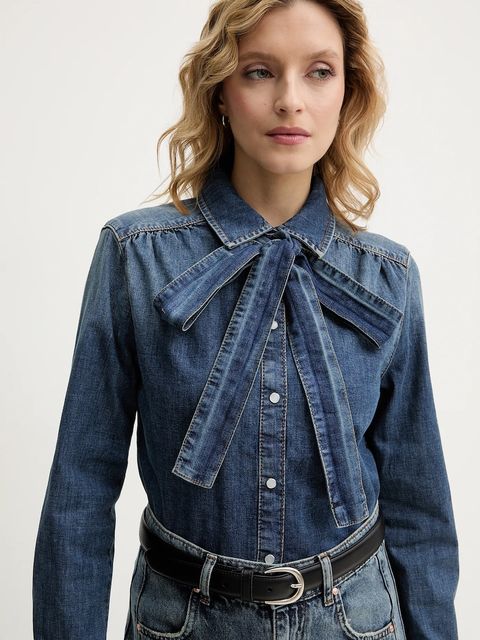 OUI koszula jeansowa damska kolor granatowy regular z kołnierzykiem klasycznym 96069