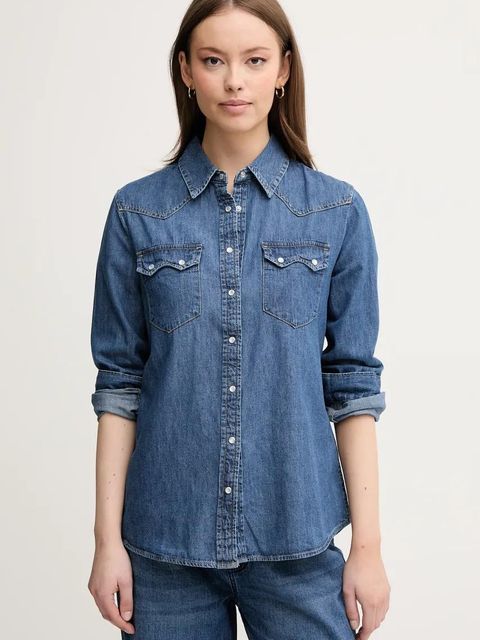 United Colors of Benetton koszula jeansowa damska kolor niebieski regular z kołnierzykiem klasycznym