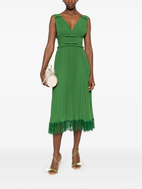 Self-Portrait Bow Pleated Dress - Green