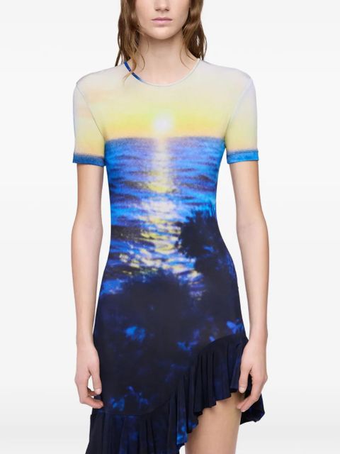 Rabanne sunset-print ruffled-trim mini dress - Blue