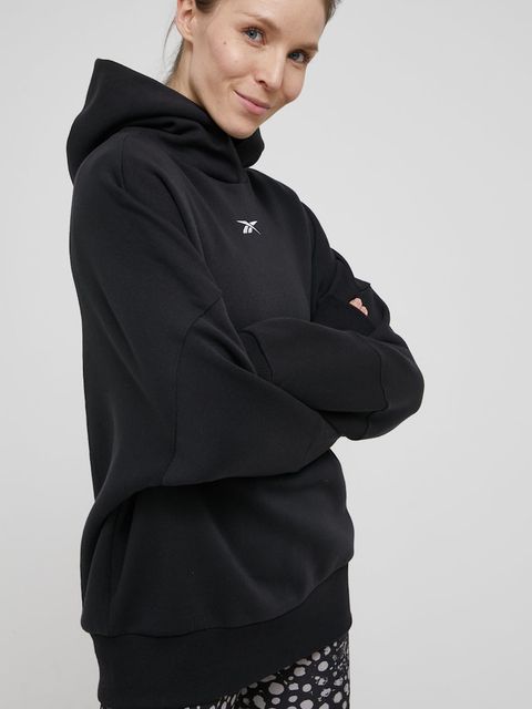 Reebok bluza dresowa Studio Recycled Lux damska kolor czarny z kapturem gładka H51828.100012005