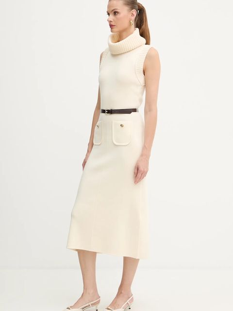 Luisa Spagnoli sukienka wełniana kolor beżowy midi rozkloszowana 100242