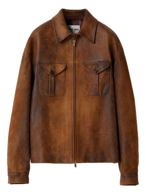 Miu Miu embossed-logo leather jacket - Brown - zdjęcie produktu nr 1