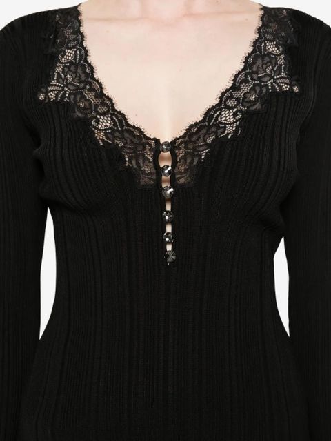 Self-Portrait lace-trimmed ribbed top - Black