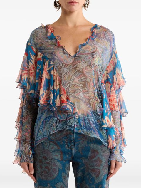 ETRO floral-detail ruffles blouse - Blue