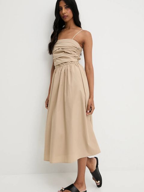Answear.LAB sukienka kolor beżowy midi rozkloszowana