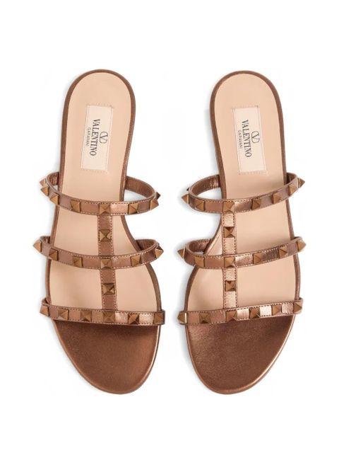 Valentino Garavani Rockstud flat metallic-nappa slide sandals - Brown