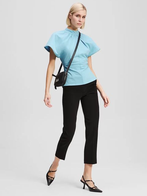 Karl Lagerfeld t-shirt bawełniany damskie kolor niebieski z półgolfem A3W17012 - zdjęcie produktu nr 2