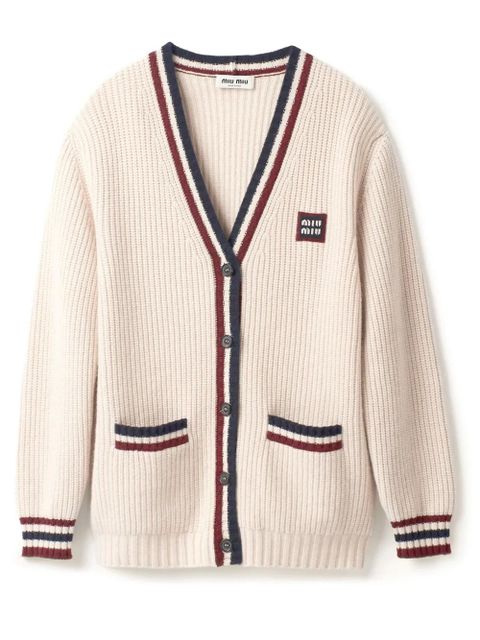 Miu Miu stripe-detail V-neck cardigan - Neutrals - zdjęcie produktu nr 1
