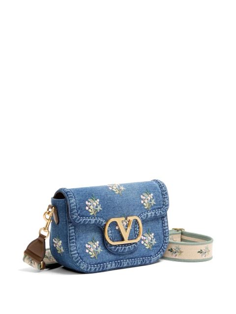 Valentino Garavani Alltime medium embroidered denim shoulder bag with embroidered ribbon strap - Blue