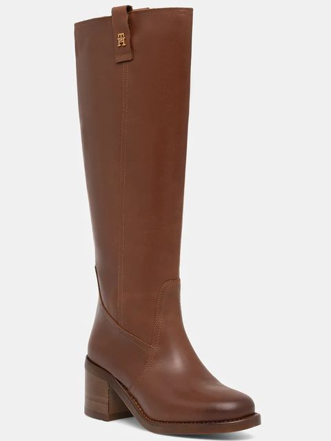 Tommy Hilfiger kozaki skórzane RIDING LTHR LONG BOOT BLOCK HEEL damskie kolor brązowy na słupku FW0FW08777 - zdjęcie produktu nr 1