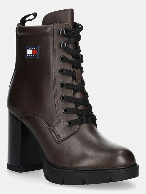 Tommy Jeans botki skórzane TJW HEEL LACE UP BOOT damskie kolor brązowy na słupku EN0EN02832 - zdjęcie produktu nr 1