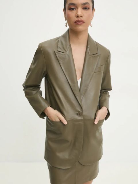 Answear.LAB marynarka skórzana kolor zielony jednorzędowa gładka