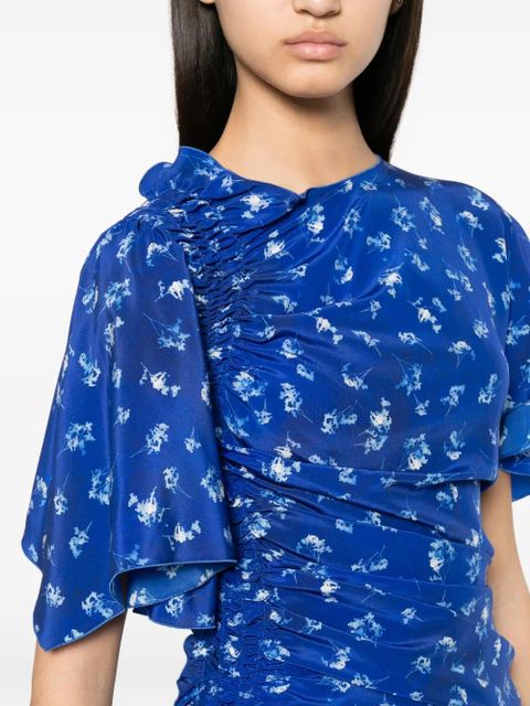 Victoria Beckham floral-print smocked asymmetric dress - Blue