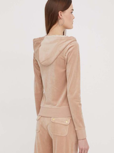 Juicy Couture bluza welurowa kolor beżowy z kapturem gładka