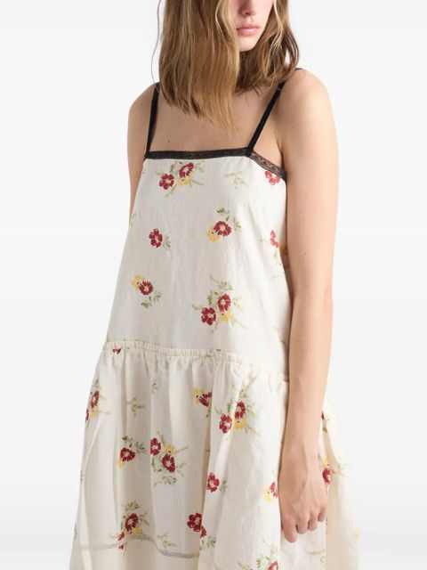Prada embroidered linen mini-dress with floral motif - Neutrals