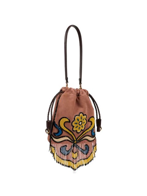 ETRO Small Kalispera beaded fringed suede bucket bag - Brown