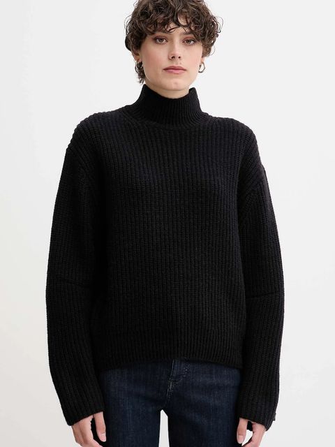 Calvin Klein Jeans sweter z dodatkiem wełny damski kolor czarny z półgolfem LV044D329G - zdjęcie produktu nr 1