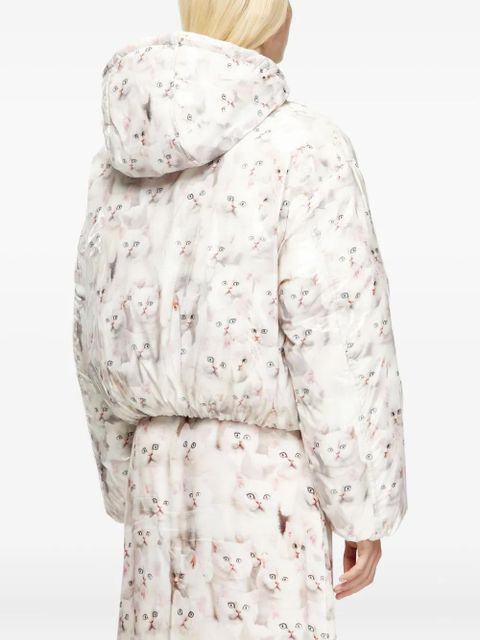 Diesel kitten-print hooded puffer jacket - White