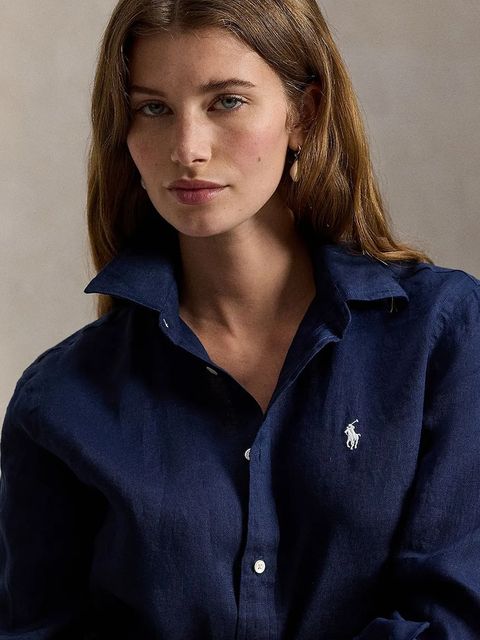 Polo Ralph Lauren koszula lniana kolor granatowy relaxed z kołnierzykiem klasycznym 211970730