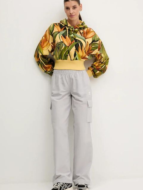adidas bluza bawełniana x Farm Rio damska kolor żółty z kapturem wzorzysta JD6282 - zdjęcie produktu nr 2