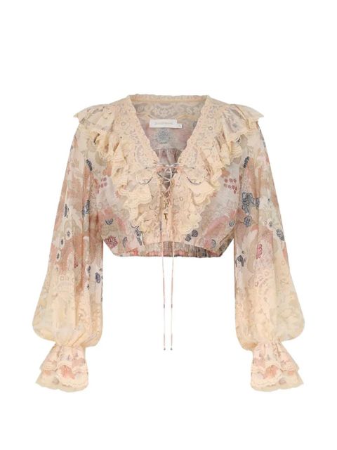 ZIMMERMANN Rebellion floral-print lace-up blouse - Neutrals - zdjęcie produktu nr 1