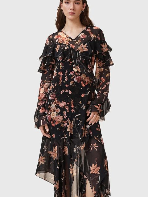 AllSaints sukienka FRESCA kolor czarny maxi rozkloszowana W021DD