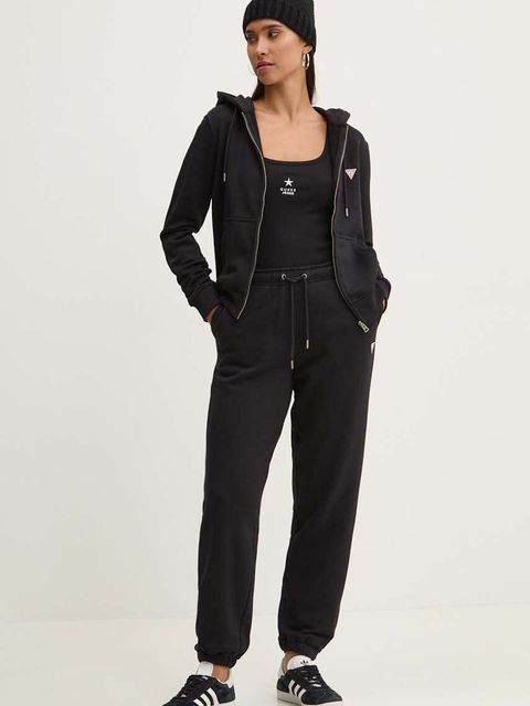 Guess Jeans bluza damska kolor czarny z kapturem gładka W4YQ03 KC811