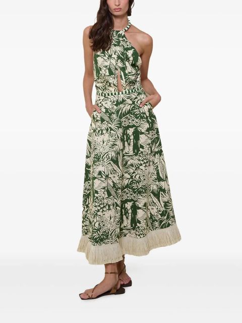 Johanna Ortiz halterneck fringed-hem midi dress - Green