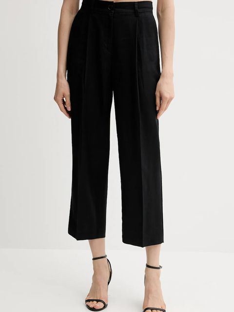 Sisley spodnie lniane damskie kolor czarny szerokie high waist 4AGHLF06R