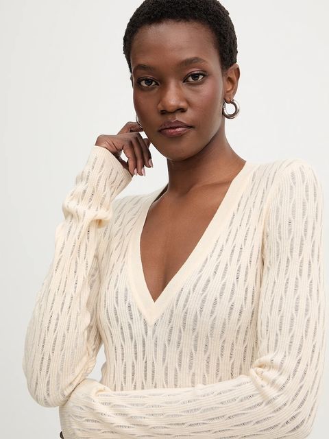 Patrizia Pepe sweter z dodatkiem wełny damski kolor beżowy lekki 8K0367 K307 - zdjęcie produktu nr 2