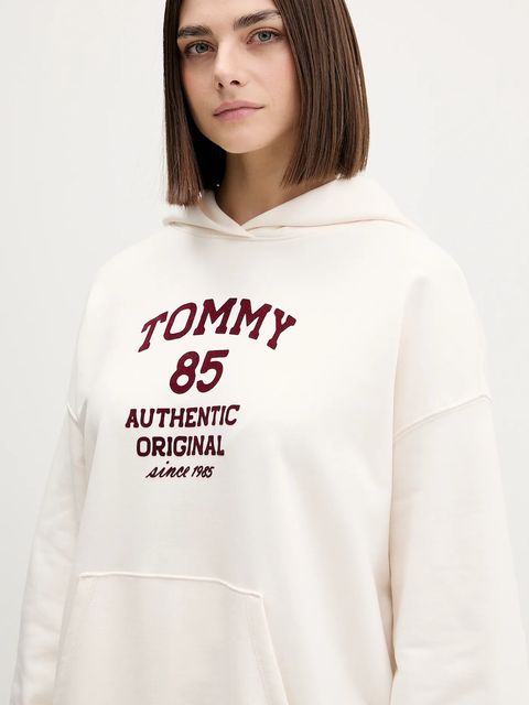 Tommy Jeans bluza bawełniana damska kolor beżowy z kapturem z nadrukiem DW0DW22603