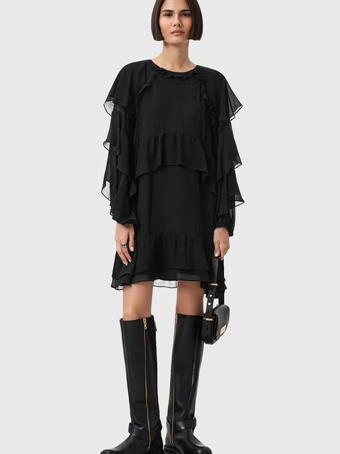 AllSaints sukienka z dodatkiem jedwabiu LISSIE kolor czarny mini rozkloszowana W100DD - zdjęcie produktu nr 1