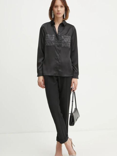 Guess koszula MARGUERITE damska kolor czarny regular z kołnierzykiem klasycznym W5RH40 WFQC2