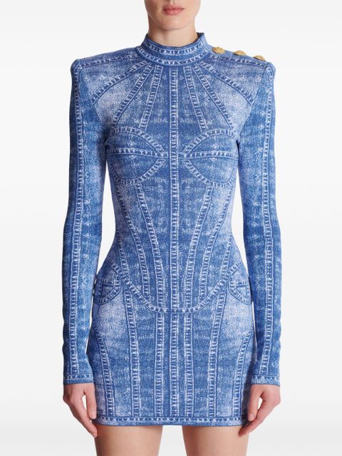 Balmain knitted jacquard mini dress - Blue