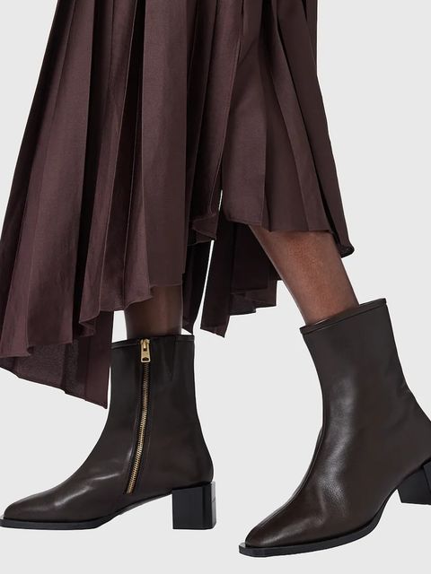 AllSaints botki skórzane Avril Boot damskie kolor brązowy na słupku W096FC