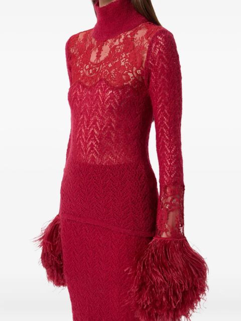 Blumarine feather-trimmed lace top - Red - zdjęcie produktu nr 2